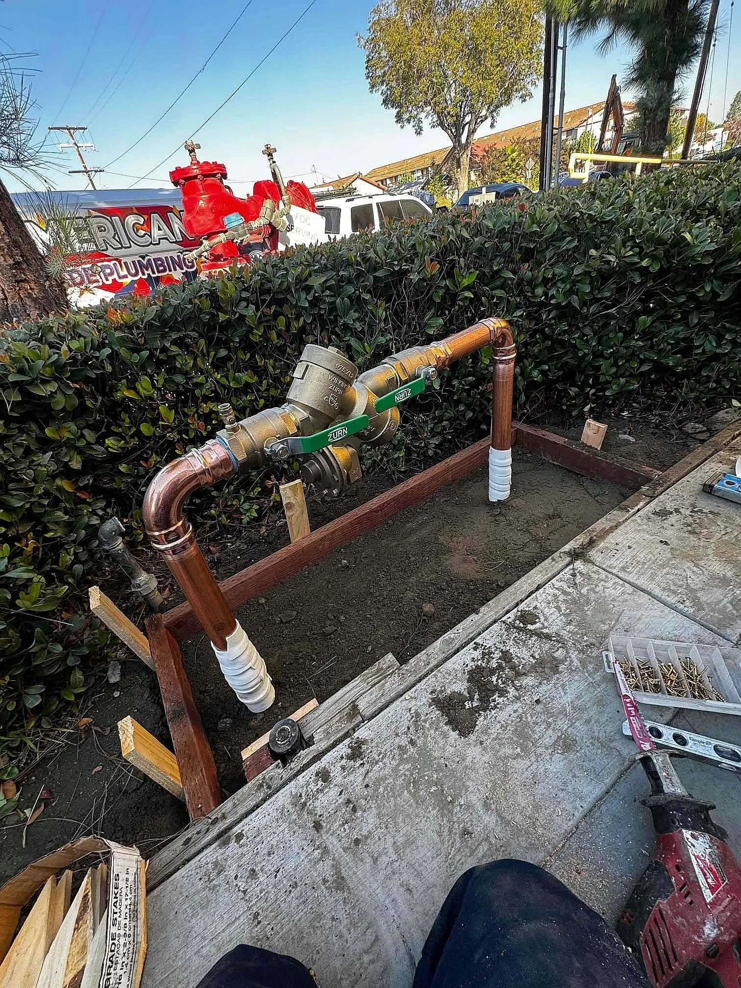 New copper backflow assembly installed beside a hedge