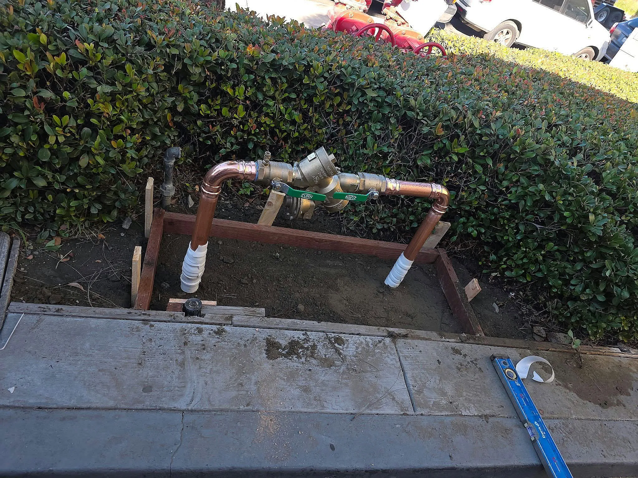 New copper water line installed beside a hedge