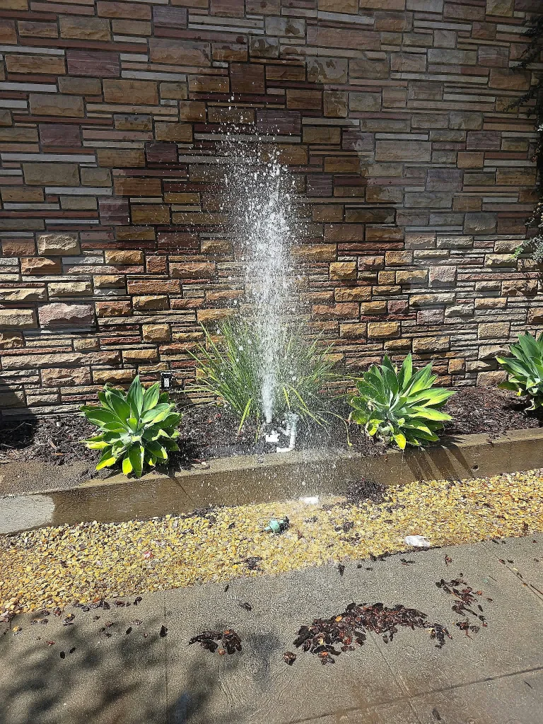 Water spraying from a broken irrigation line beside a stone wall