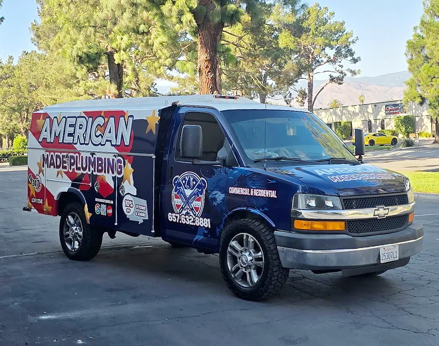 American Made Plumbing service van parked in Rancho Cucamonga